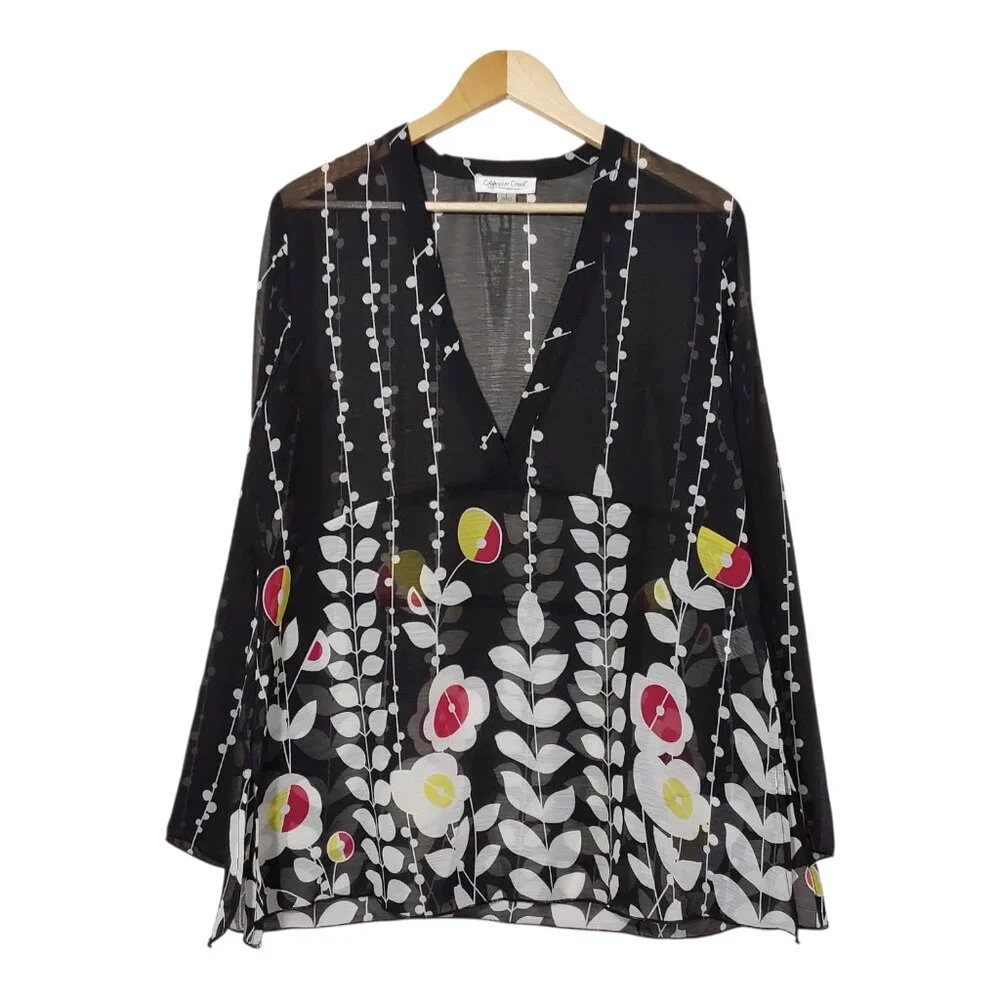 Coldwater Creek V-Neck Tunic Top Black Semi-Sheer Floral Crepe Great Cond - L - Picture 2 of 11